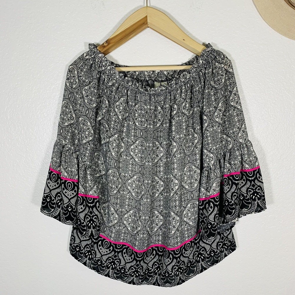 Tacera Geometric Ruffle Sleeve Hippy Boho Blouse Size Medium Women’s